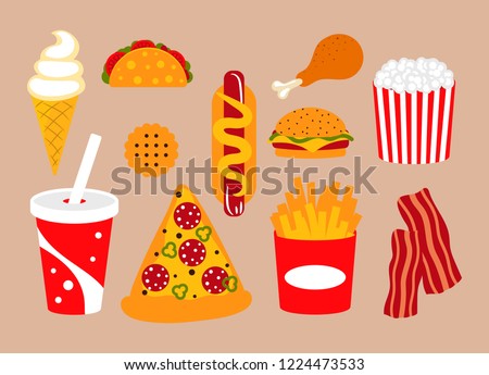 Fast food vector clip art set with pizza, soda and bacon.