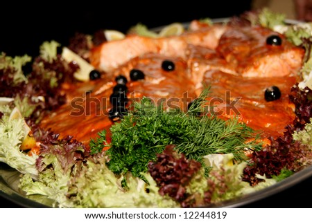 Vegetable salad and red fish