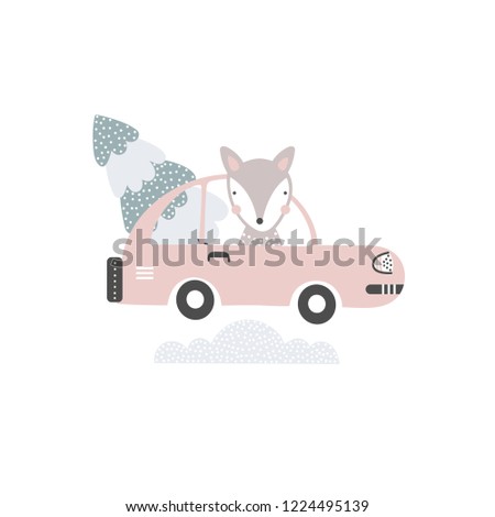 Kids background with a fox in a car with a Christmas tree on the roof, isolated on a white background. Vector illustration.