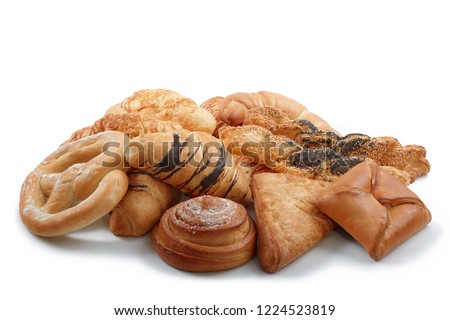 Mixed sweet and salted pastry, patisserie, bakery products on white background Royalty-Free Stock Photo #1224523819