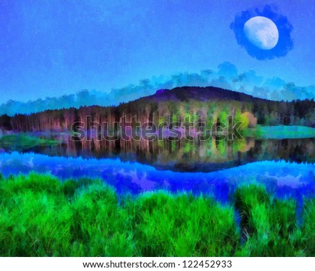 Digital structure of painting. Night landscape on the river with