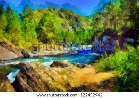 Digital structure of painting. Summer landscape on the river