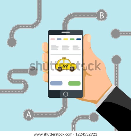 Man holds smartphone in hand. Call a taxi on a mobile application. Vector illustration.