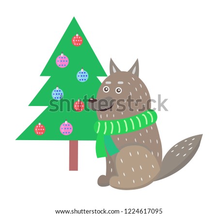 Closeup of wolf wearing green knitted scarf sitting near decorated Christmas tree with color balls  illustration isolated on white