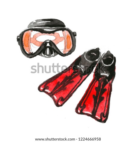Drawing red underwater mask and flippers watercolor