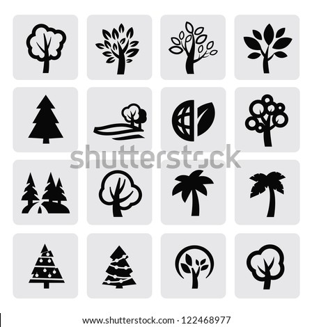 vector black trees icon set on gray