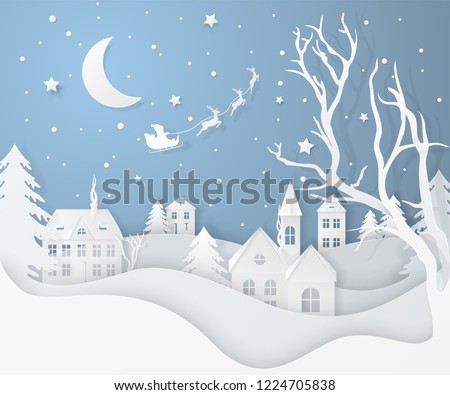 Vector winter night landscape with fir trees, houses, moon, santa's sleigh, stars, deers and snow in paper cut style. Festive layered background with 3D realistic paper Christmas Village and snowfall. Royalty-Free Stock Photo #1224705838