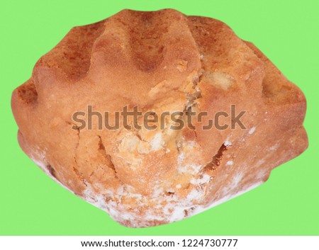 cake bun with sugar dust isolated on green