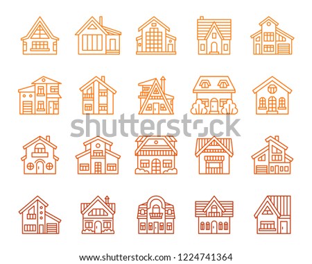 House thin line icons set. Outline sign home exterior kit. Township linear icon collection residence, chalet, rent. Simple cottage building color contour symbol isolated on white. Vector Illustration