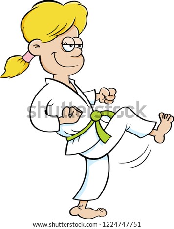 Cartoon illustration of a girl in a karate uniform kicking.