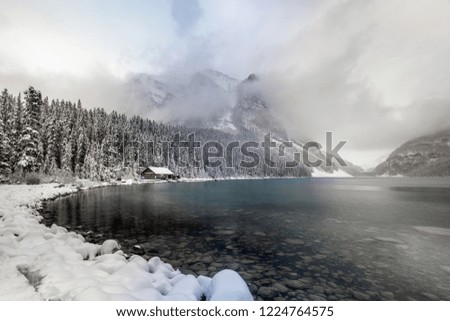 Lake Louise under heavy snow at Banff National Park, Canada.
