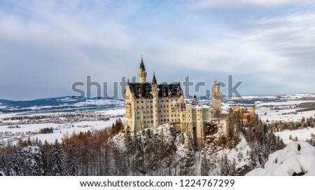Neauschwanstein Castle from Marie bridge in winter. Germany, Bavaria.
