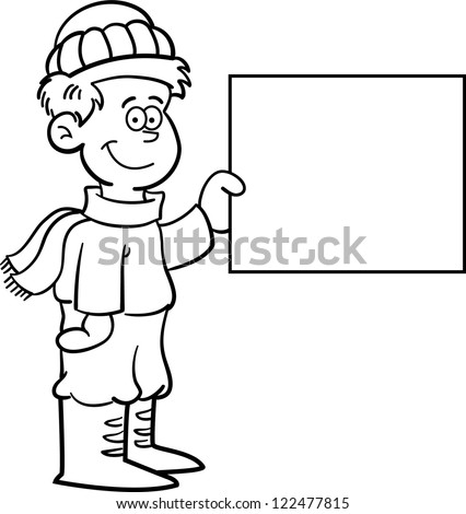 Black and white illustration of a boy in Winter clothing holding a sign.