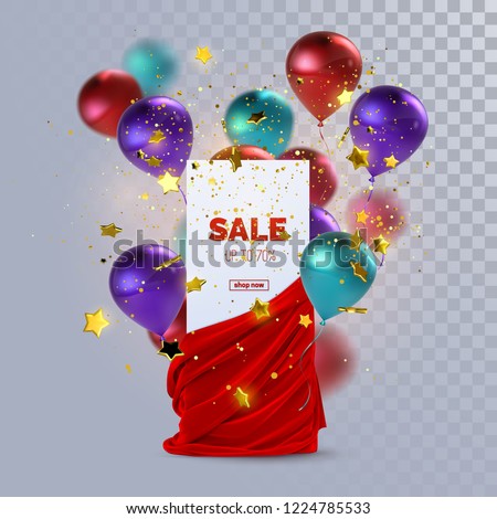 Sale banner with red velvet fabric, balloons and confetti. Decoration element for design. Vector illustration. Paper sign and realistic textile with folds and drapes isolated on transparent background