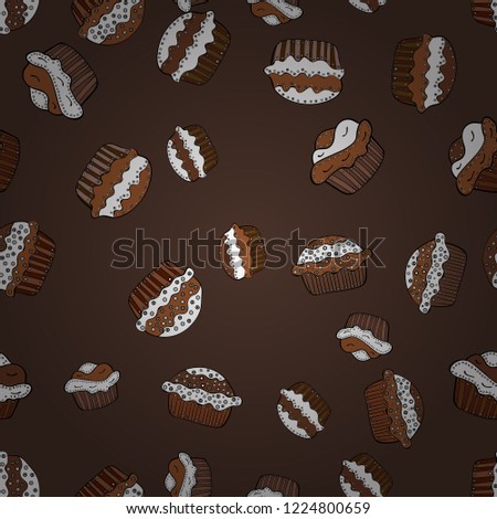 Wrapping paper. Seamless pattern with cakes. Nice birthday background on brown, white and black. Vector illustration.