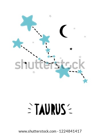 Taurus Sign.  Cute Bright Hand Drawn Zodiac Vector Illustration. Blue, Black and Light Gray Stars on a White Background. Black Moon. Childish Style Starry Sky Illustration. Black Handwritten Text.