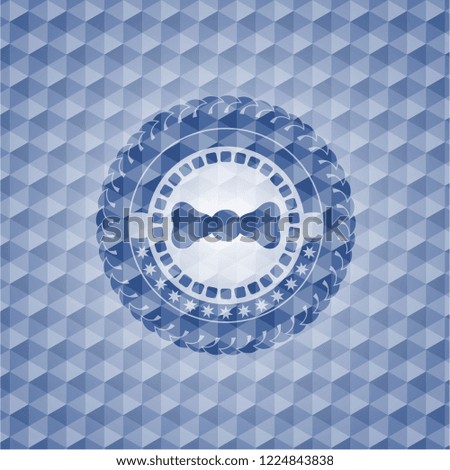 bow tie icon inside blue emblem with geometric pattern.