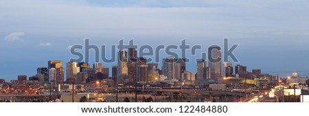 Denver. Panoramic image of Denver skyline at sunset.