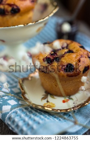 Fresh homemade muffins on rustic wooden table with blue natural tablecloth. Shallow depth of field food photography.