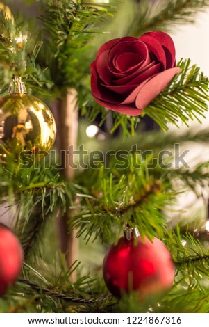 Happy New Year and Christmas Holiday Blurry Shallow Depth of field Background with Red Decorations and Lights. Magic Christmas Atmosphere. 