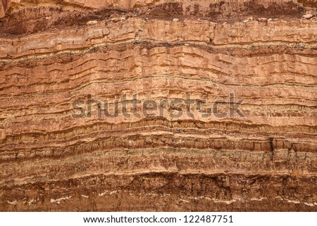 Layers of sandstone deposited over time show the geological stratification that took place over eons of history in the Negev Desert in Israel. Royalty-Free Stock Photo #122487751