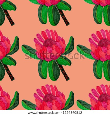 Creative seamless pattern with tropical leaves and flowers. Trendy texture with hand drawn exotic plants.