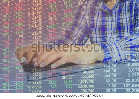 Businessman on digital stock market financial positive indicator background. Double exposure of growth graph futuristic economic currency chart investor data analysis technology money exchange concept