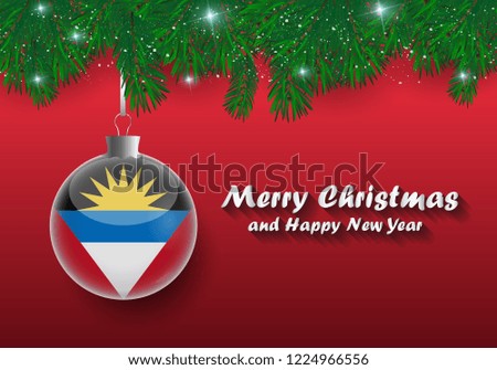 Vector border of Christmas tree branches and ball with antigua and barbuda flag. Merry christmas and happy new year. 