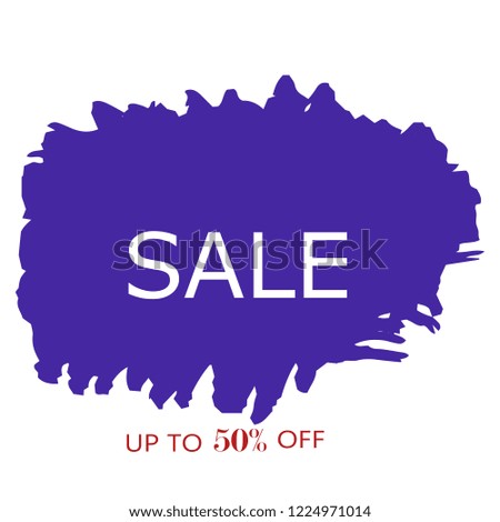 Sale 50% off sign over art blue brush acrylic stroke paint abstract texture background vector illustration. Acrylic paint brush stroke. Grunge ink brush stroke. Sale layout design for shop and banner.