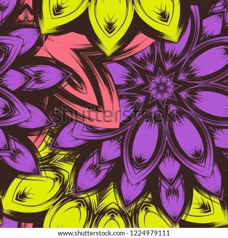 Seamless floral background. Tracery handmade nature ethnic fabric backdrop pattern with flowers. Textile design texture. Decorative color art. Vector