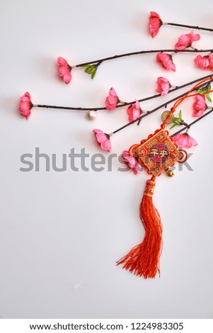 Plum Pink Cherry Branch with Chinese Lucky Knot on white background Chinese New Year decorations (English translation for foreign text means blessing)