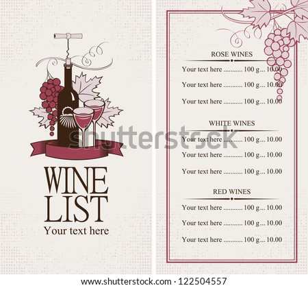 Menu with a bottle of wine, glasses and a bunch of grapes
