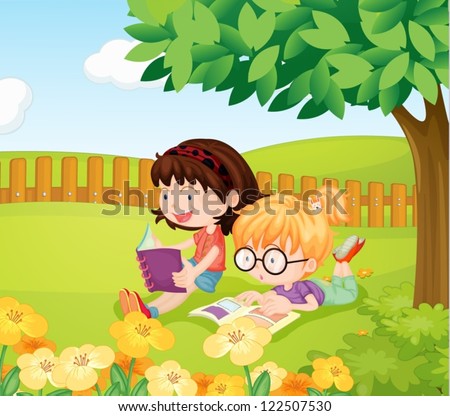 Illustration of girls reading books under a tree on a field
