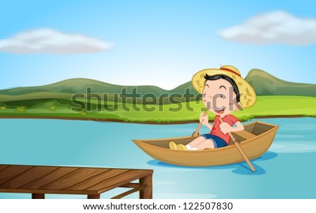 Illustration of a boy rowing a boat on a lake