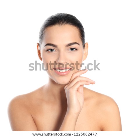 Portrait of beautiful young woman on white background. Lips contouring, skin care and cosmetic surgery concept
