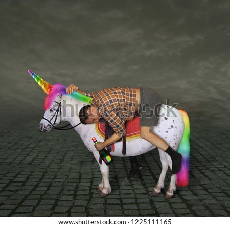 The drunk man with a bottle of rainbow wine is riding the unicorn.