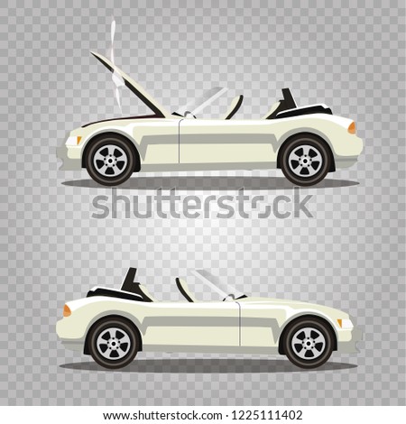 Vector set of broken white luxury cabriolet sport cartoon car with opened hood covered with smoke. Car crash before and after. Clip art illustration isolated on transparent background.