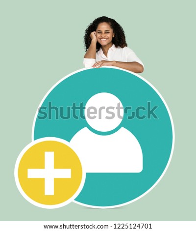 Happy woman with an add user icon