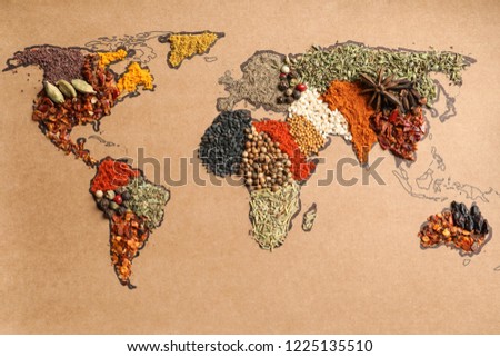 Paper with world map made of different aromatic spices as background, top view