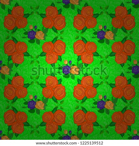 Vintage seamless pattern in brown, green and orange colors. Hand written vector rose flowers and green leaves, stamps, keys.