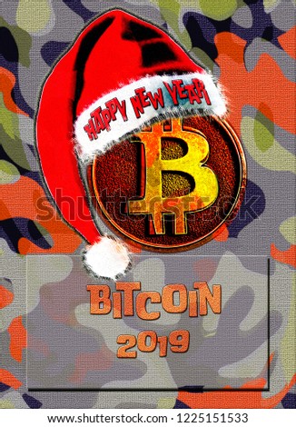 Bitcoin symbol and Santa claus hat. Cute Digital currency. Gold cryptocurrency. Happy new year Bitcoin.