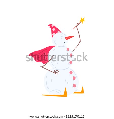 Snowman character skiing with a magic wand, Christmas and New Year holidays decoration element vector Illustration on a white background