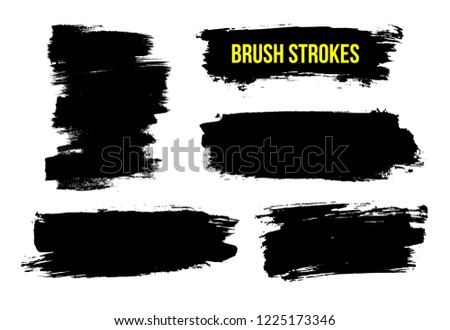 Set of black hand drawn brush strokes, stains for backdrops. Monochrome design elements. One color monochrome artistic hand drawn. Vector illustration. Isolated on white background.