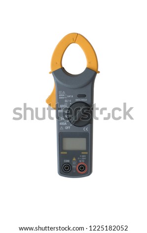 Digital clamp meter on white background. High-resistance ohmmeter, voltmeter, ampermeter and thermometer. Electrical measurements clamp meter tester