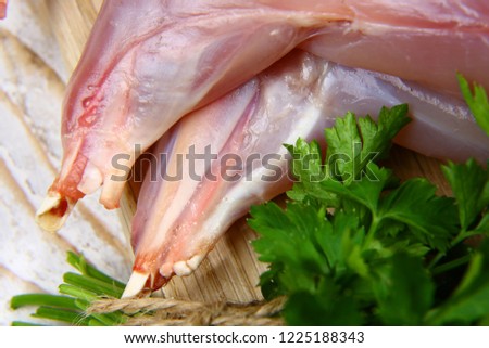 close up raw rabbit meat with herbs and spices. Top view. free space for text.