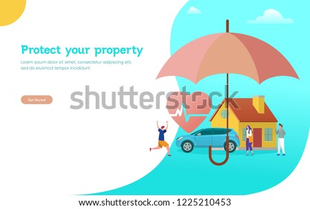 Property and health insurance vector illustration concept, agent with big umbrella cover house car and money 
can use for, landing page, template, ui, web, mobile app, poster, banner, flyer Royalty-Free Stock Photo #1225210453