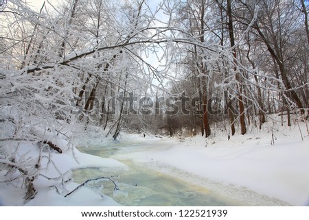 Winter background, frozen small river in the forest, the forest covered with snow and frost