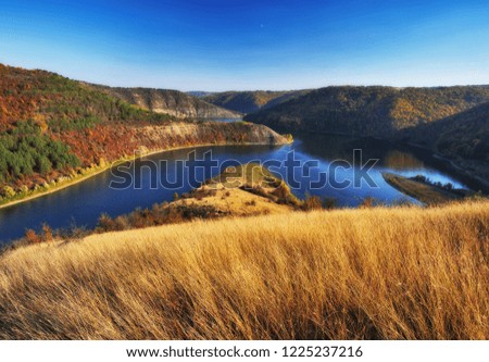 picturesque canyon of the Dniester River. autumn sunrise by the river