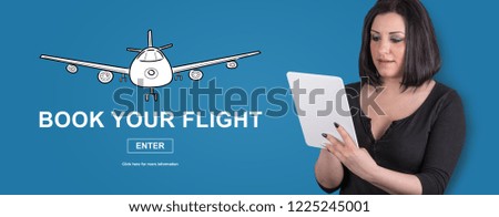 Woman using digital tablet with flight booking concept on background