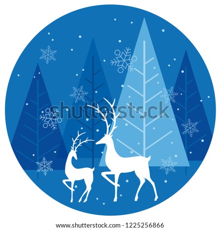 Winter forest circle background with reindeers, vector illustration.